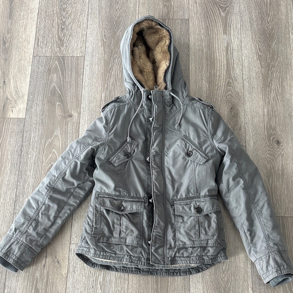 TNA Gray Military Jacket with Faux Fur Lining - Size Small